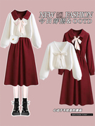 法式复古polo领红色连衣裙女秋季收腰设计感针织开衫毛衣套装