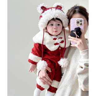 婴儿冬装中国风过年喜庆衣服夹棉加厚连体，衣女宝宝加绒新年拜年服