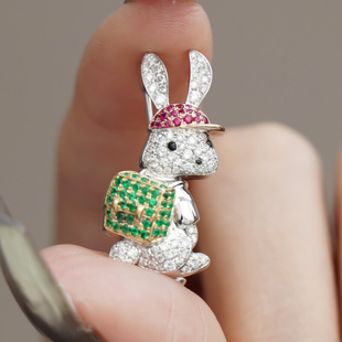 兔子红宝石祖母绿钻石吊坠胸针18K金镶嵌天然钻石珠宝宝石