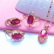 太太珠宝纯俄罗斯585紫金精致秀气尖红宝石套装14k玫瑰金项链戒指
