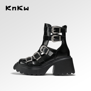 knkw凉靴女2023夏季高跟，镂空马丁靴罗马鞋，高筒黑色厚底机车靴