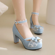 日韩系蓝色单鞋串珠，一字扣高跟性感，洛丽塔lolita萝莉学生粗跟皮鞋