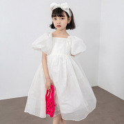 女童雪纺连衣裙白色泡泡袖韩国童装裙子儿童公主裙速卖通