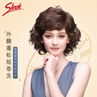 sleek假发女斜刘海，中短卷发蓬松自然梨，花头外翻卷中老年妈妈头套