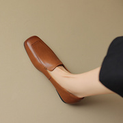 超软超舒适基础款方头，低跟布洛克鞋2023秋季牛皮，一脚蹬复古单鞋女