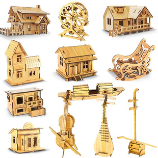 3d木制立体拼图房子小屋，diy手工拼装模型儿童互动玩具礼物建筑368