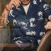 马登工装美式复古巴领椰树沙滩，衬衫短袖夏威夷海边度假印花衬衣男