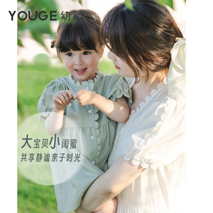 youge幼歌夏季森系清新泡泡袖，连衣裙公主裙，亲子女童宽松复古裙子