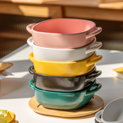 双耳烤碗微波炉烤箱陶瓷碗带竹托盘，烘焙烤碗焗饭碗家用早餐甜品碗