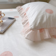 小清新橘色粉色蕾丝荷叶，边纯棉单人枕套一对装100全棉枕头套波点