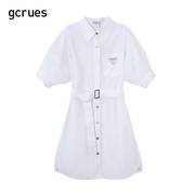 gcrues白色衬衫裙女中长款夏小个子连衣裙，韩版短袖a字裙翻领