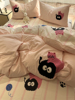 少女心煤球猫咪粉条纹，刺绣纯棉四件套，1.5m1.8公寓床单被套三件套