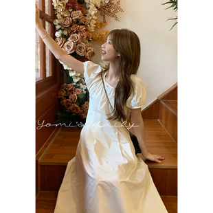 哟米YOMI小个子法式白色连衣裙女夏季泡泡袖方领收腰气质长裙