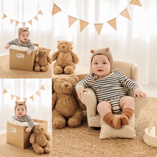 儿童摄影服装奶油风小熊条纹宝宝百天照周岁照拍照服装道具