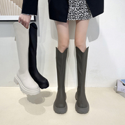 骑士靴女高跟秋冬显瘦v口女靴，小个子厚底高白色(高白色)筒不过膝长筒靴子