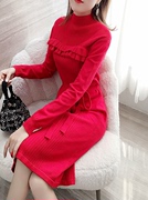 红色毛衣裙(毛衣裙)中长款气质过膝系带纯色修身显瘦加厚针织连衣裙女秋冬