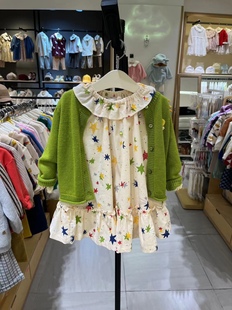 韩国童装24春款儿童宝宝清新绿，纯棉针织毛衣开衫条绒满印连衣裙