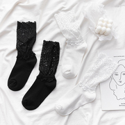 复古镂空花纹花边袜子女中筒袜，白色棉袜长筒，甜美日系可爱黑色长袜