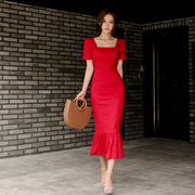 方领鱼尾红色连衣裙夏季显瘦长裙复古甜美裙子，超仙森系仙女裙