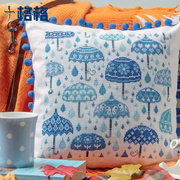 法国dmc十字绣套件，客厅餐厅沙发靠垫蓝色，雨伞毛球花边抱枕