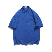 高街青年夏天潮流垂感克莱因蓝衬衫短袖夏季潮男半袖衬衣宽松寸衫