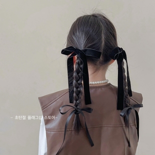 黑色高级感韩国女童蝴蝶结头饰发夹长飘带丝绒发圈儿童头绳发卡子
