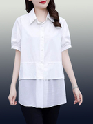黑色假两件雪纺拼接衬衫，女2024春季款，宽松气质大码中长款v领衬衣
