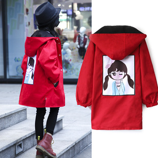 女童春装两面穿过年红色风衣外套韩版女童风衣棉衣中长款双面外套