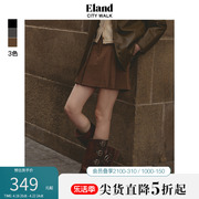 Eland衣恋半身裙女短款A字型显瘦侧插袋双褶格雷系短裙子