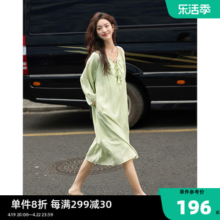 清新果绿连衣裙法式浪漫感 荷叶边系带显瘦休闲长袖中长裙