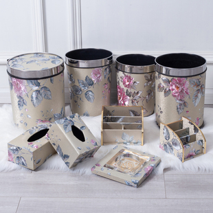 银色缎花垃圾桶欧式家用卫生间脚踏创意纸巾盒，烟灰缸收纳架套装