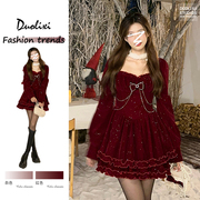 法式红色小香风丝绒连衣裙，子女秋冬季高级感新年穿搭过年战袍短裙