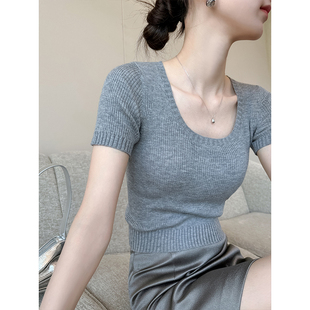 PINKEEN灰色U领短袖针织T恤女夏季2024新法式温柔修身显瘦短上衣