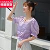 2023紫色雪纺衫女夏季短袖镂空高腰短款洋气显瘦掐腰小衫上衣