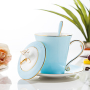 勺描金杯套装带杯碟素雅骨瓷，杯碟杯碟简约带盖纯色茶餐厅咖啡厅