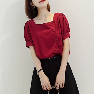 2023夏季韩版复古红色木耳边方领衬衫女短袖设计感洋气百搭上衣