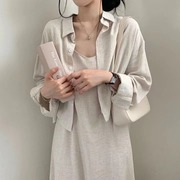韩国chic秋季法式复古气质减龄棉麻吊带连衣裙+衬衫外套两件套女