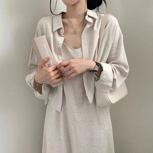 韩国chic秋季法式复古气质减龄棉麻吊带连衣裙+衬衫外套两件套女