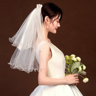新娘头纱头饰超仙结婚拍照道具短款森系婚纱，头纱领证白色头纱简约