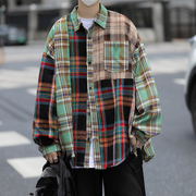 日系复古格子衬衫男秋季潮流撞色长袖衬衣设计感宽松情侣外套