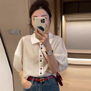 韩系polo领彩色扣白色衬衫女夏季2023宽松百搭减龄雪纺上衣