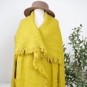 冬柜价1599姜黄色(姜黄色，)大翻领流苏设计长款毛衣外套设计感wy