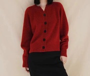 禾家23年秋冬款羊绒针织开衫通勤气质红色毛衣女外套V领新年毛衣