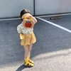 韩国童装女童复古衬衫女宝百搭衬衣，撞色泡泡袖，上衣灯笼短裤两件套