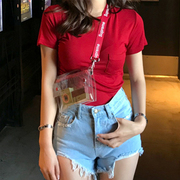 韩国东大时尚舒适女装港风甜蜜蜜暗红色小口袋装饰基础款短袖T恤