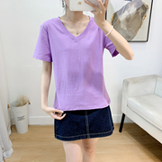 春夏季韩版纯棉短袖v领t恤女加大码，百搭紫罗兰减龄简约宽松打底衫