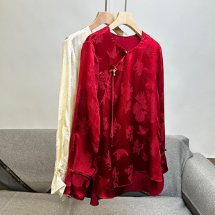 复古盘扣绸缎真丝衬衫女上衣减龄新中式红色桑蚕丝国风气质小衫