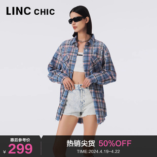 LINCCHIC金羽杰格子衬衫女上衣印花廓形感衬衫外套S233SH383Y