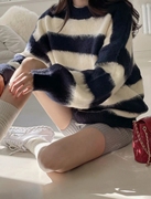 韩国宽条纹毛衣撞色宽松蝙蝠袖上衣减龄宽松柔软针织毛衣ins