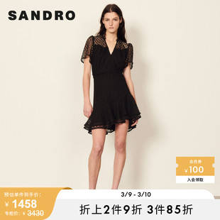 SANDROOutlet春秋女装V领蕾丝雪纺短袖法式黑色连衣裙SFPRO02293